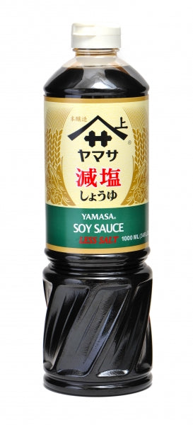 Yamasa Less Sodium Soy Sauce (34 oz) - Yamasa's reduced-sodium soy sauce, carefully crafted to provide the same rich umami flavor with less salt, ideal for those seeking a healthier option without compromising on taste, perfect for seasoning dishes or as a dipping sauce.