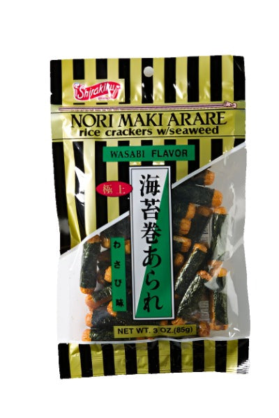 Shirakiku Norimaki Arare Wasabi - Shirakiku's crunchy Japanese rice crackers seasoned with spicy wasabi, offering a bold and zesty flavor experience with a satisfying crunch, perfect for those who enjoy a kick of heat in their snacks.