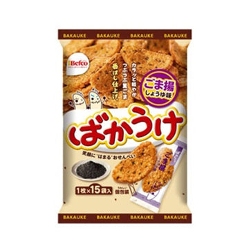 Befco Bakauke Goma Age 15P - Befco's sesame-flavored rice crackers, individually packed in a 15-piece set, offering a delightful crunch with a hint of savory sesame flavor.