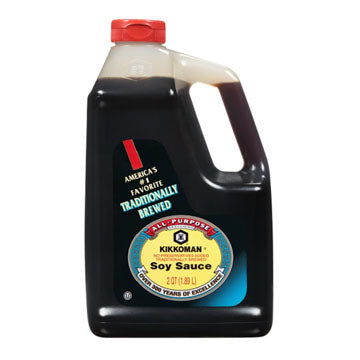 Kikkoman Soy Sauce (Plastic Bottle, 64 fl oz) - Kikkoman's classic soy sauce conveniently packaged in a large plastic bottle, perfect for households and foodservice establishments, offering the same rich umami flavor and versatility for seasoning, marinades, and dipping.