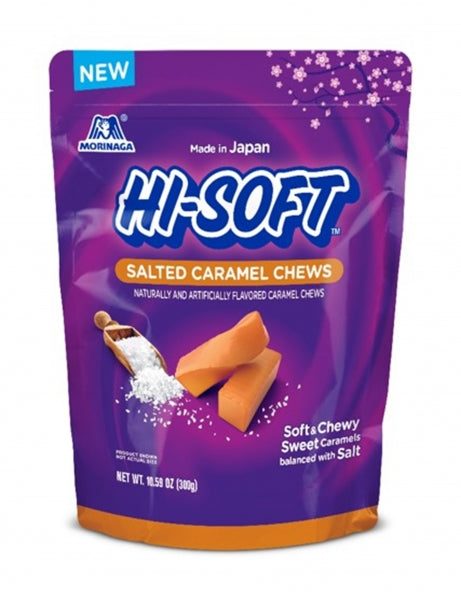 Purple package of Hi-Soft Salted Caramel Chews with caramel pieces and salt on a white background