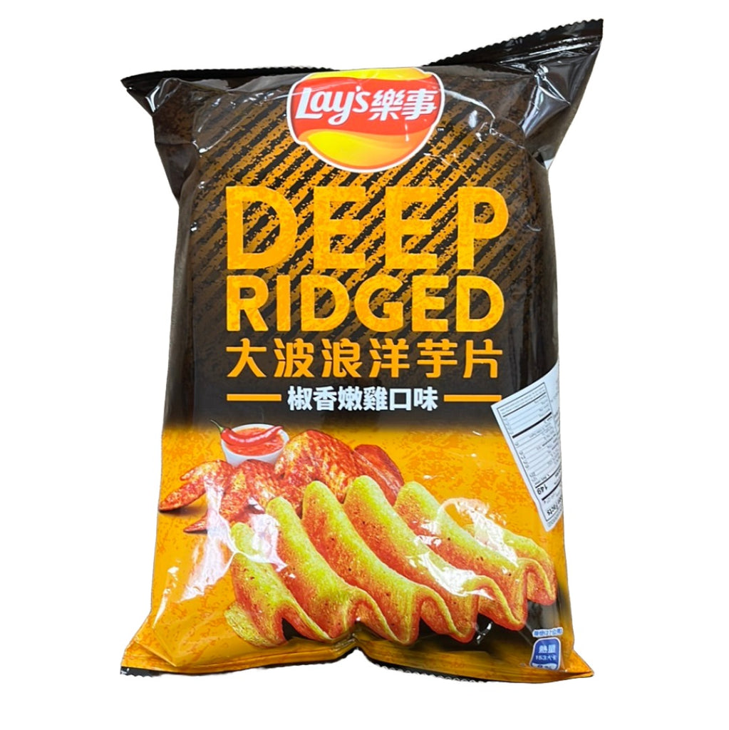 Experience the bold flavor of LAY'S Potato Chips Deep Ridged Pepper Chicken. These thick-cut, deeply ridged chips are seasoned with the savory taste of pepper chicken, offering an extra-crunchy texture and a burst of spicy, meaty goodness in every bite. Perfect for those craving a robust and satisfying snack. Indulge in the ultimate flavor adventure with LAY'S Deep Ridged Pepper Chicken chips!